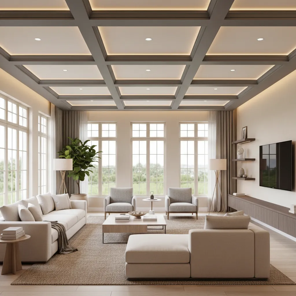 Finished living room with evenly painted coffered ceiling beams and panels