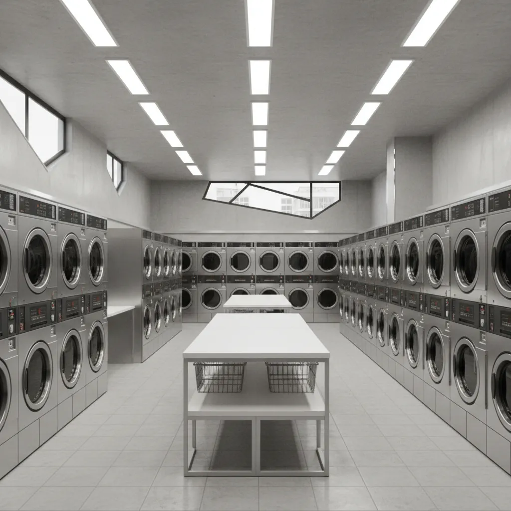 rows of clean commercial washing machines inside a modern laundromat