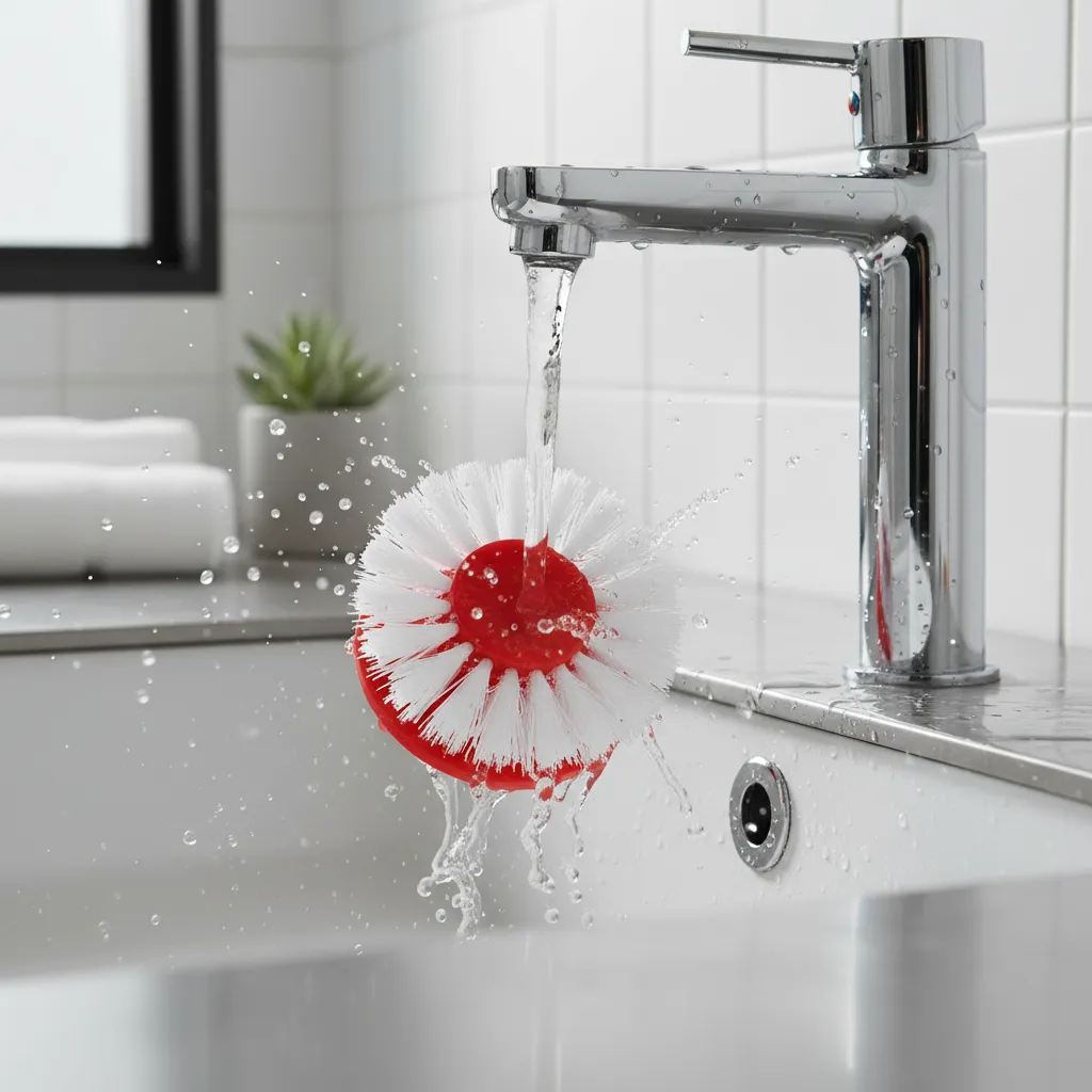 Cleaning and drying drill brush after bathroom tile cleaning