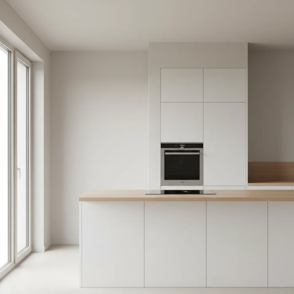Minimalist white kitchen with wood counter top oven clean walls and large glass sliding doors