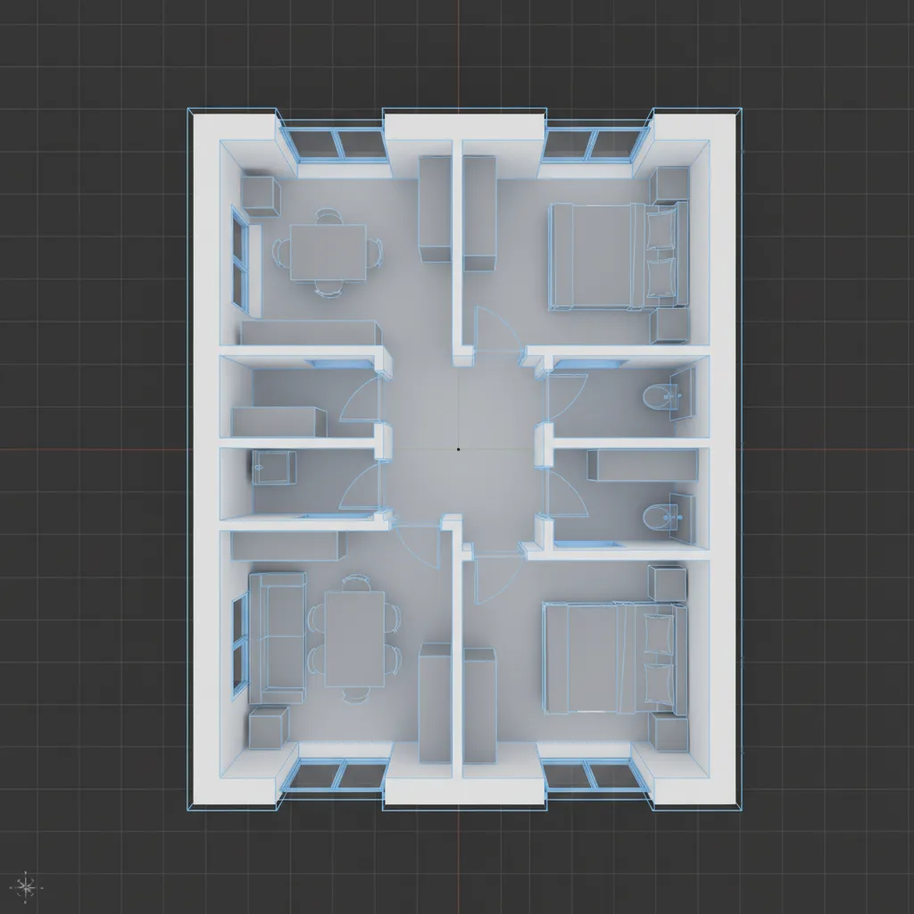 3D architectural floor plan mesh showing clean topology and organized wall geometry