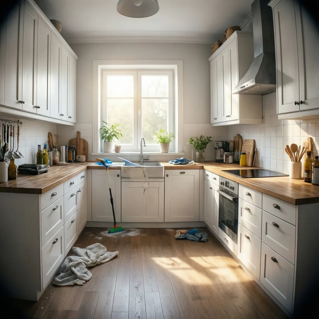 Bright modern kitchen cabinets after smoke residue cleaning