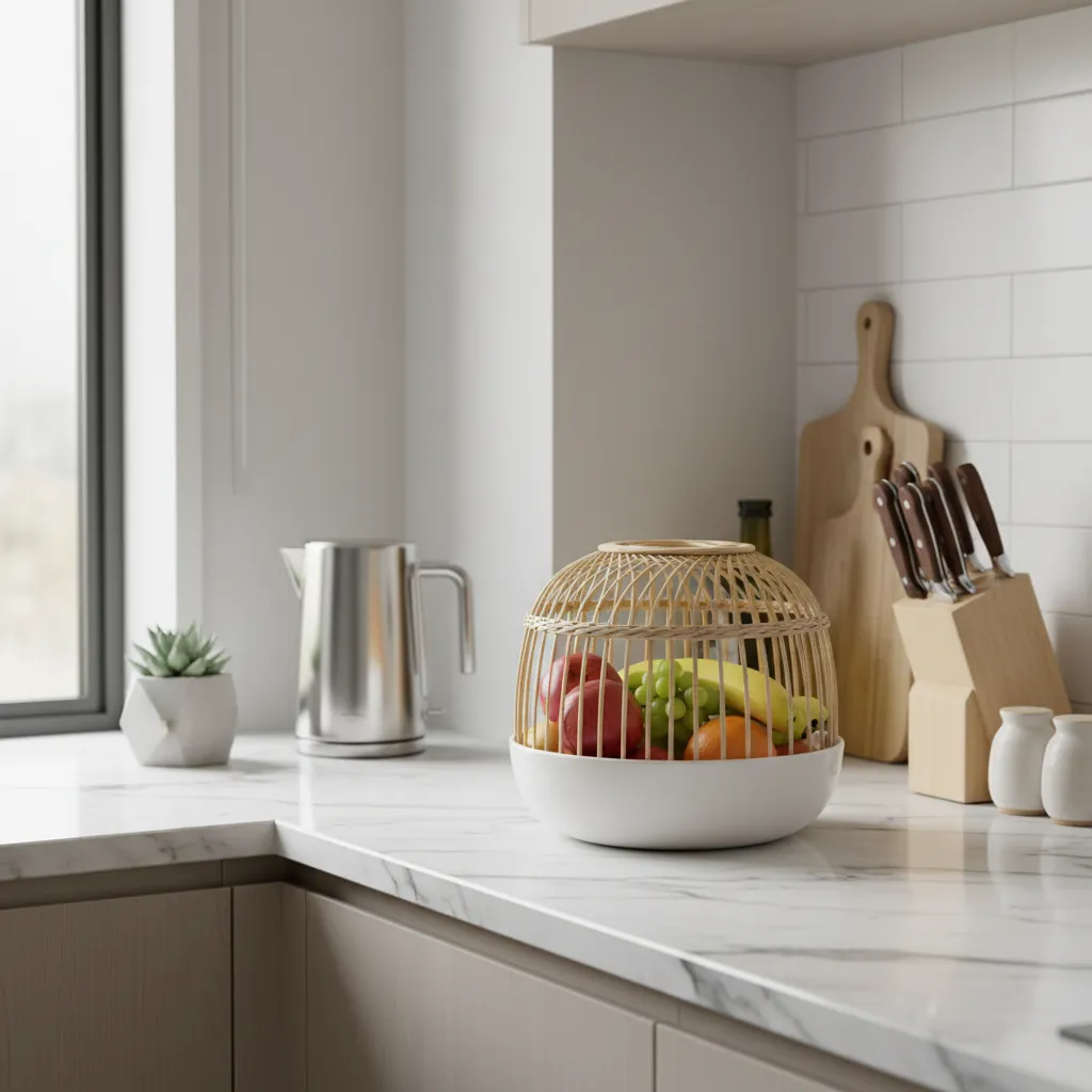 Organized kitchen counter with covered fruit bowl and clean surfaces preventing fruit flies