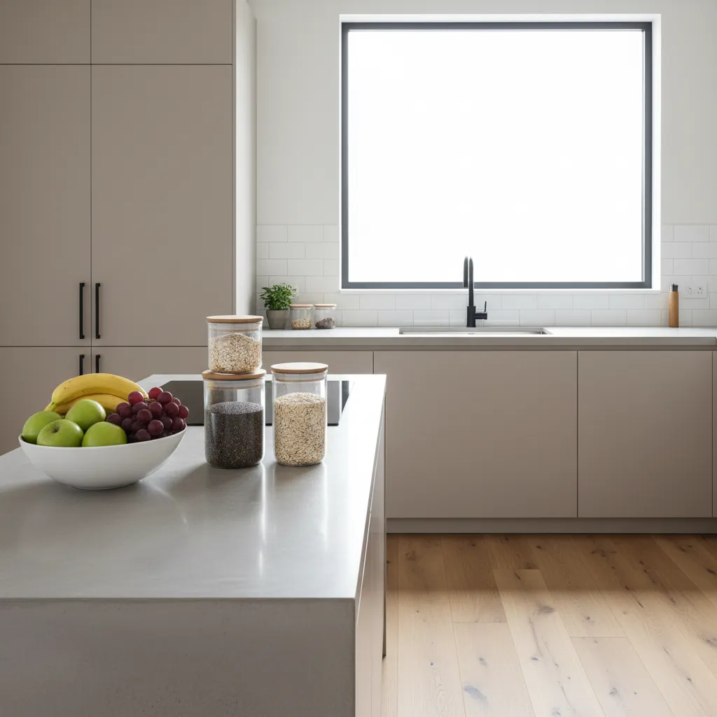 Clean kitchen counter with fruit bowl and sealed containers preventing insect attraction