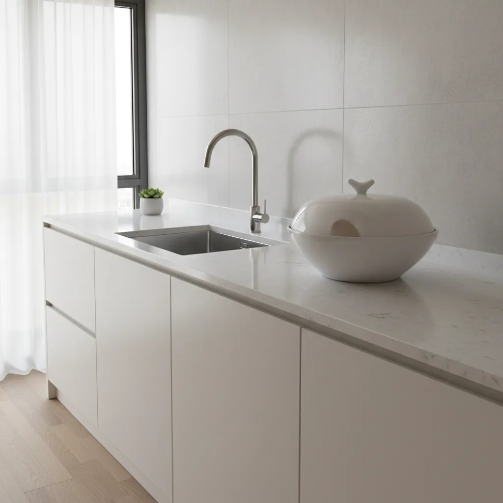 organized kitchen counter with covered fruit and clean sink area