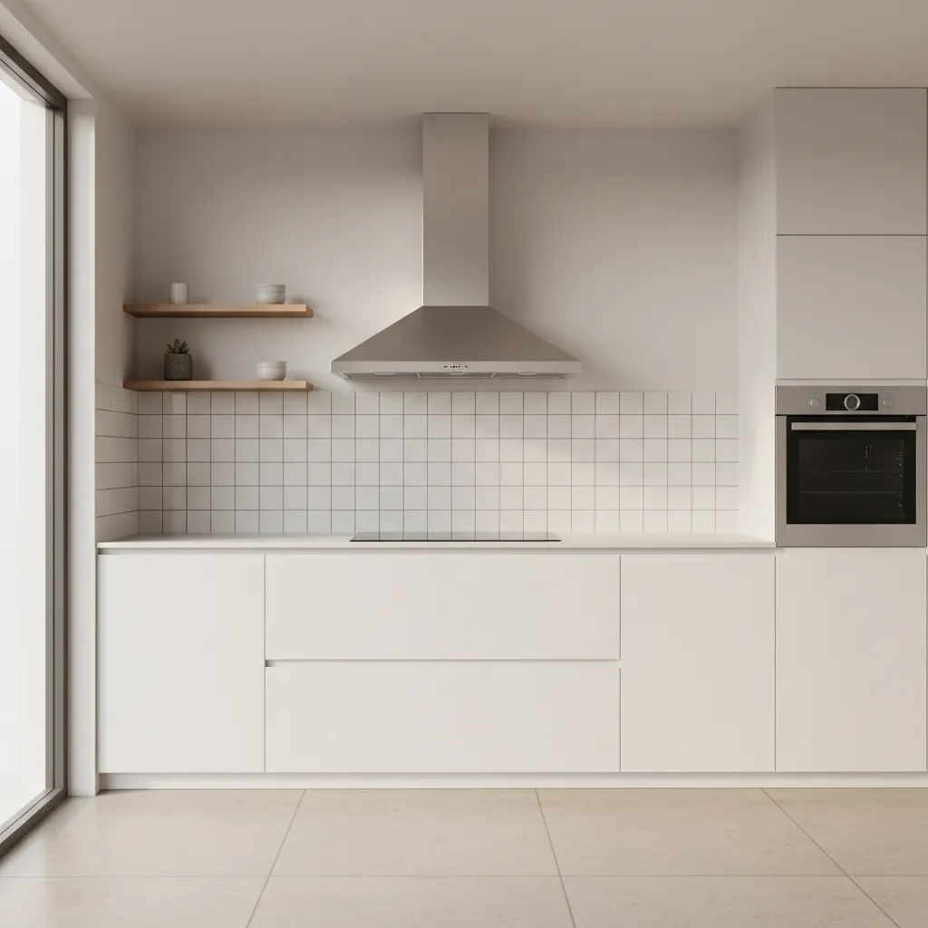 Modern white kitchen with stainless steel exhaust fan above stove and white square wall tiles
