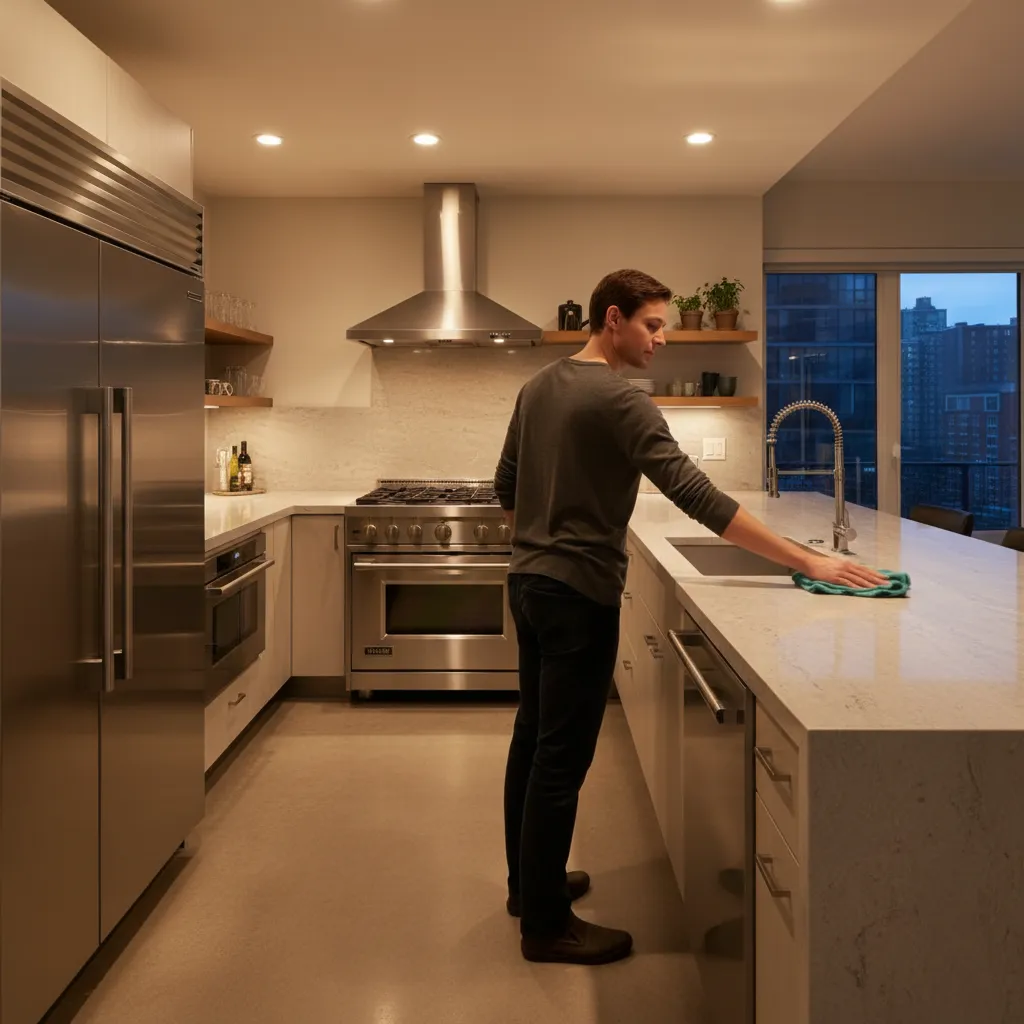Person wiping kitchen countertop during nightly cleaning routine
