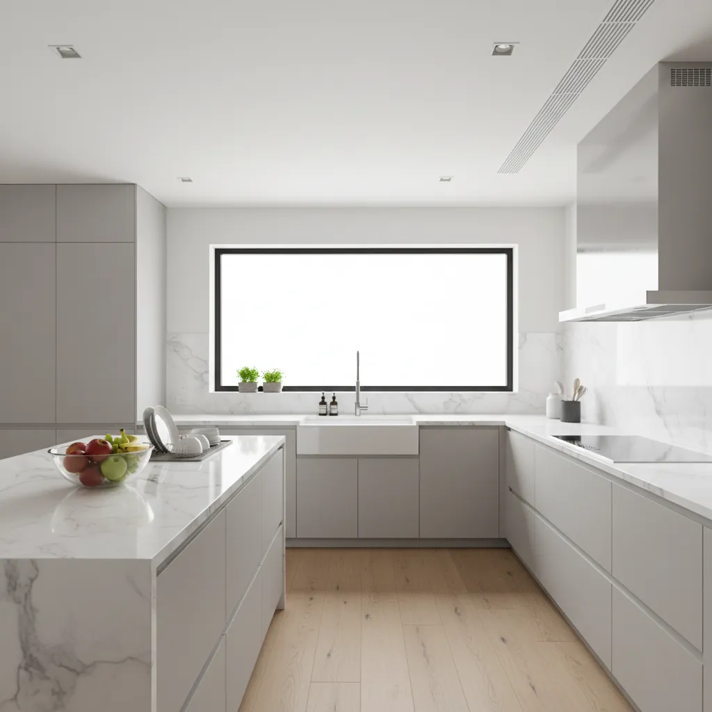 Modern minimalist kitchen featuring white cabinets marble island wood flooring and large window with light