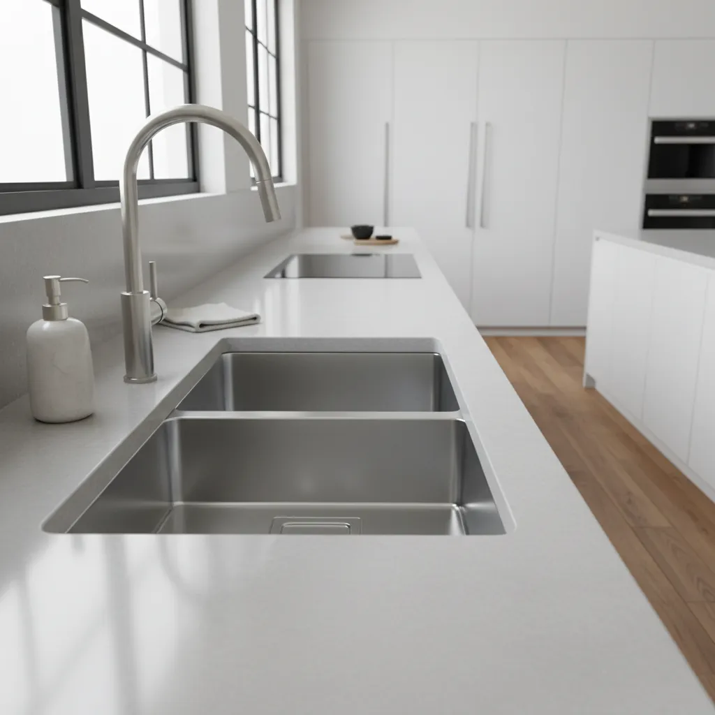 Modern kitchen sink and drain area kept clean and dry to prevent fruit flies
