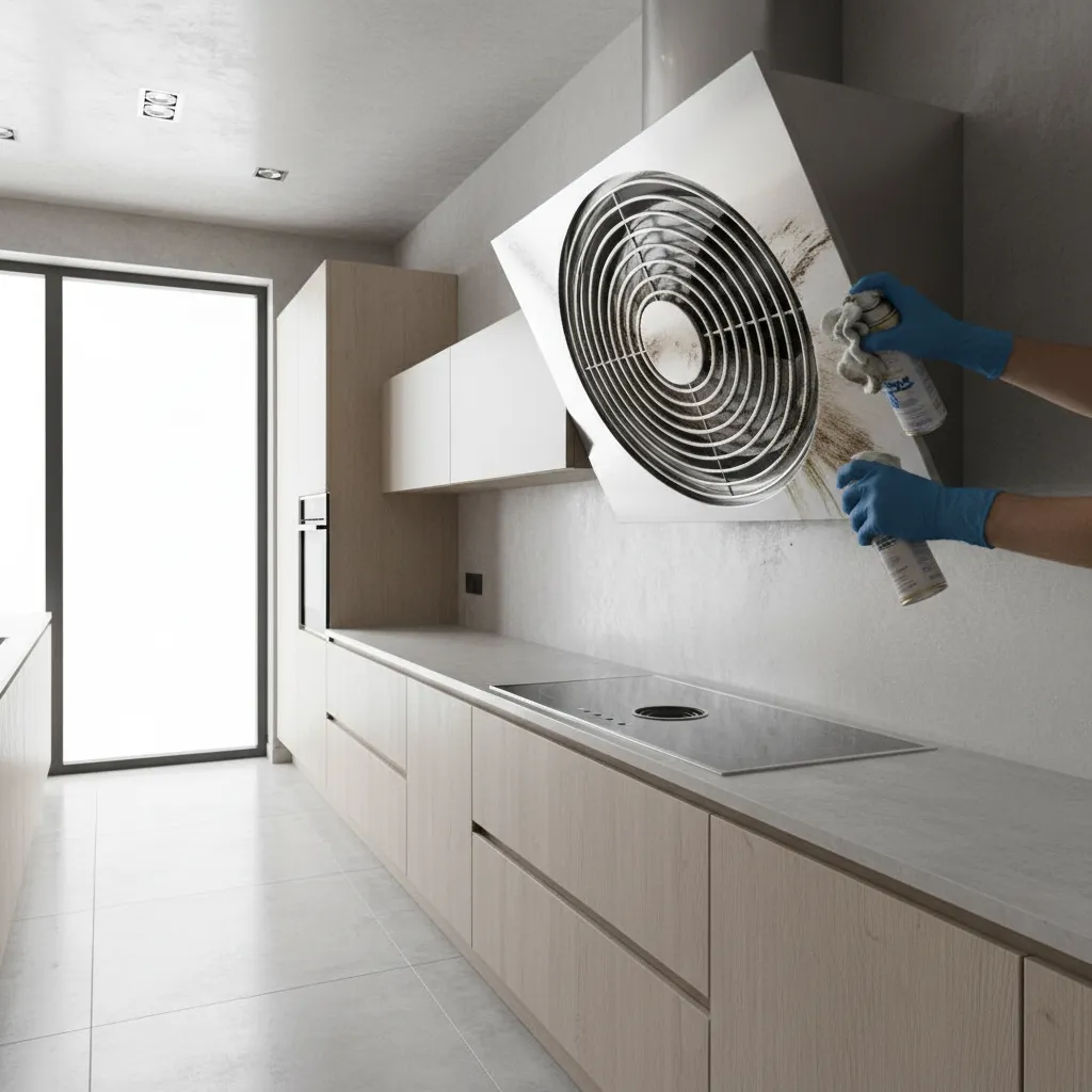 Person wearing blue gloves cleaning a round kitchen exhaust fan with spray and a cloth