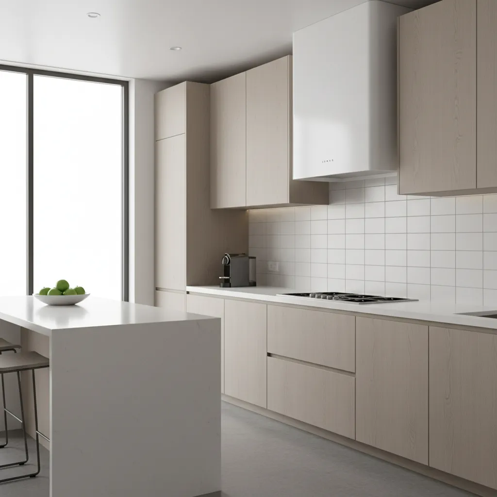 Clean kitchen wall exhaust fan reinstalled and running in modern kitchen