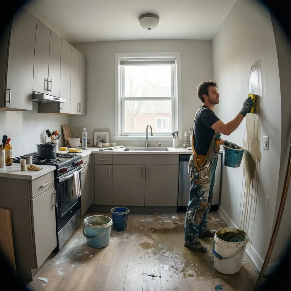 Man in overalls scrubbing a kitchen wall with a yellow sponge and a blue bucket