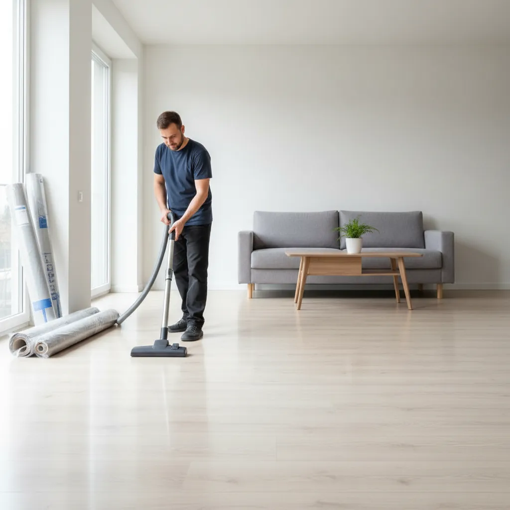 Cleaning laminate floor with vacuum before installing vinyl plank flooring