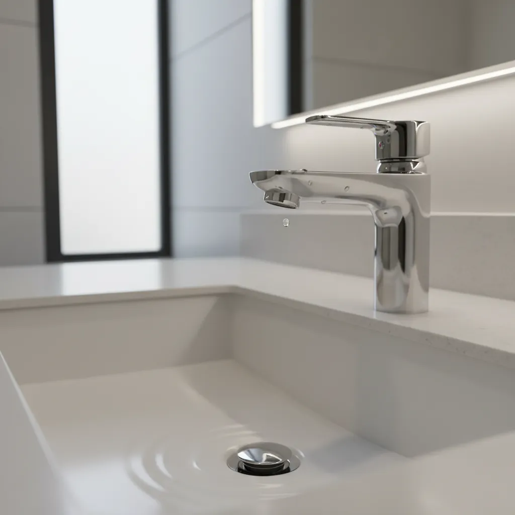close view of metallic silver bathroom faucet with reflective clean finish