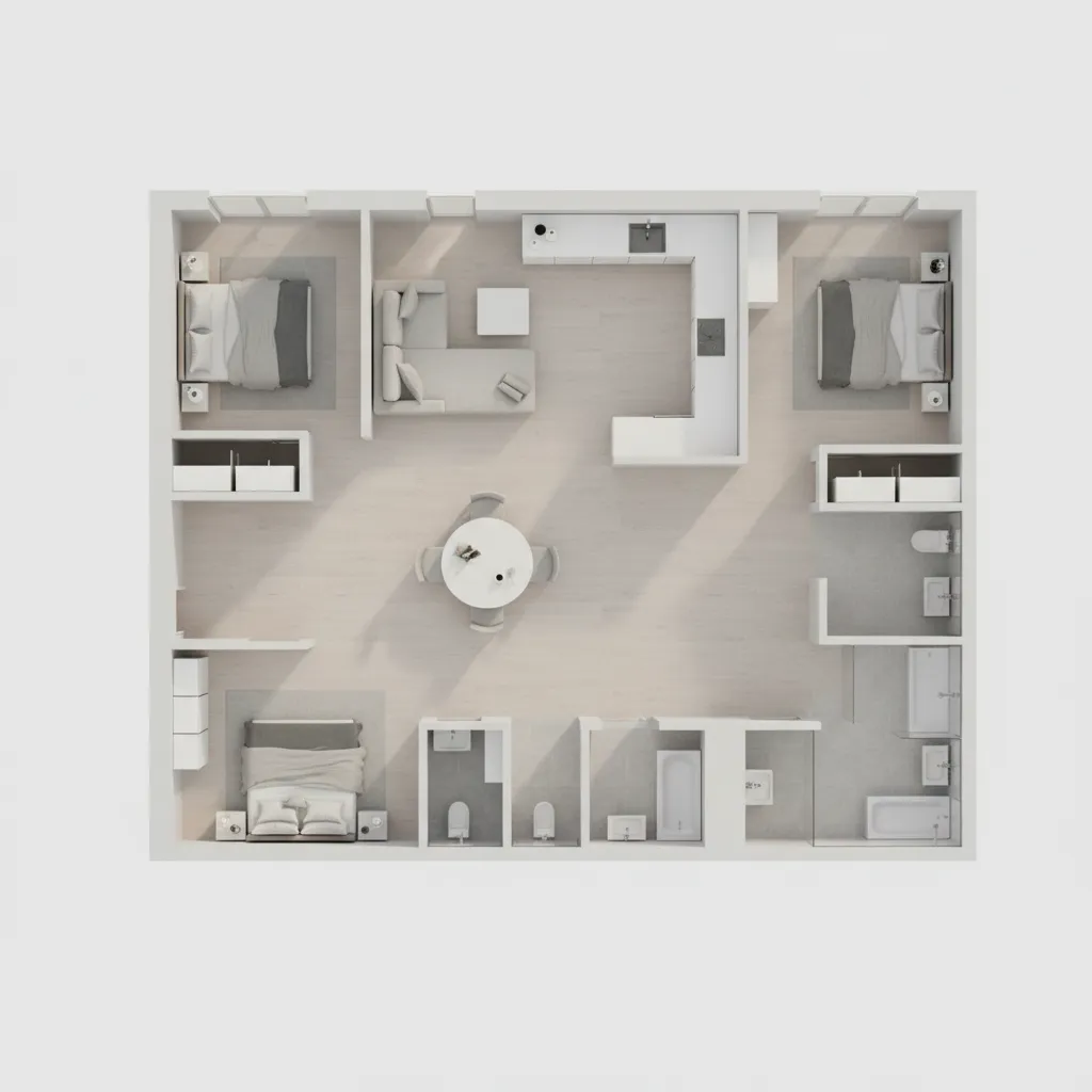 minimal styled 3D floor plan with accurate furniture scale