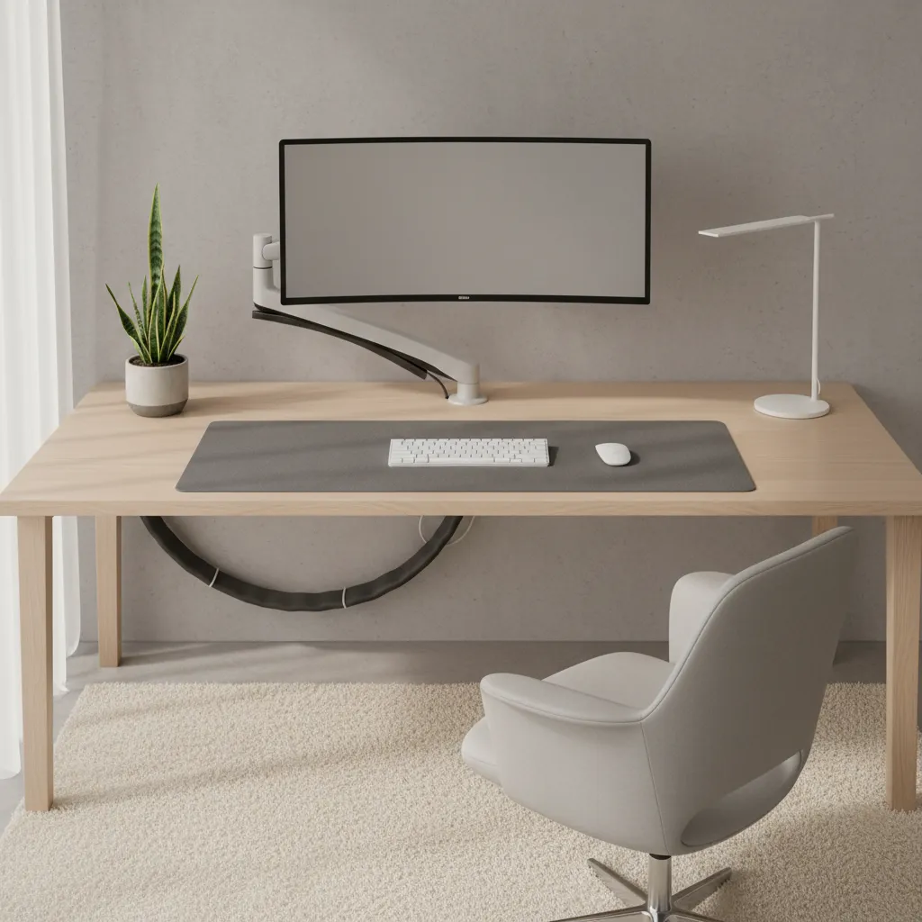 Minimalist wood desk with curved monitor keyboard mouse small plant table lamp and grey chair