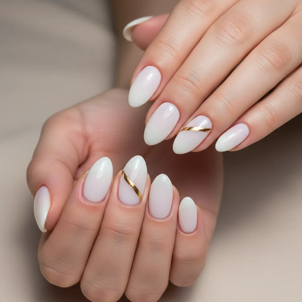 Two hands showing milky white almond nails decorated with thin diagonal gold metallic stripe accents
