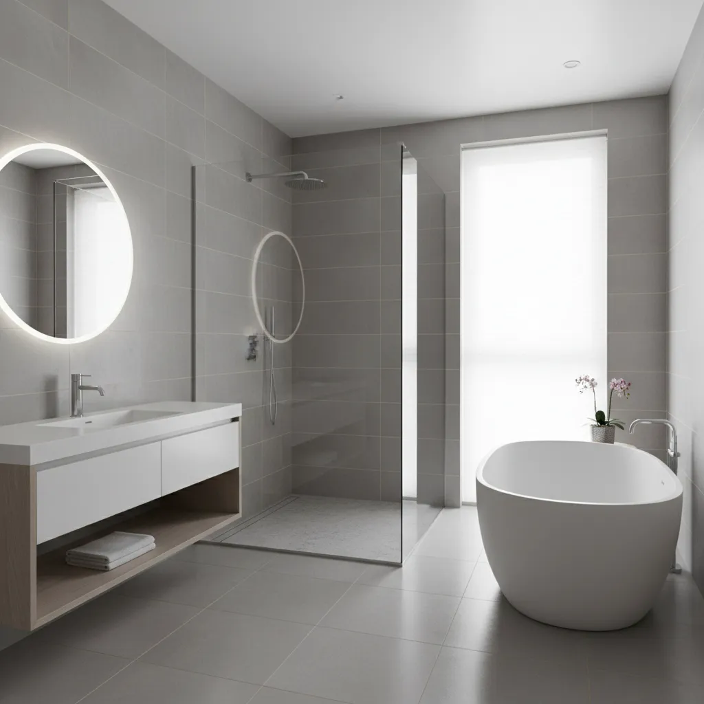 Modern bathroom with porcelain tile shower and floor surfaces ready for cleaning