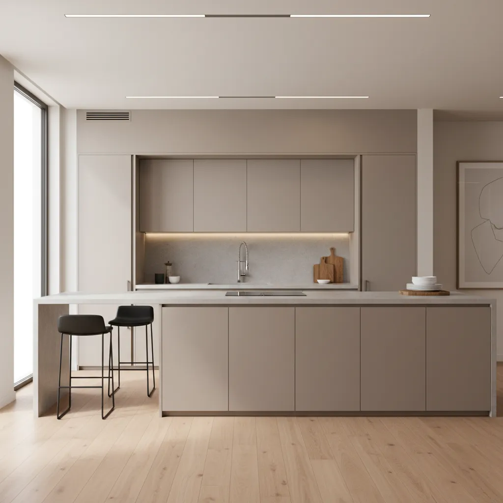 Modern kitchen featuring beige cabinets large island with two black chairs and light wood flooring