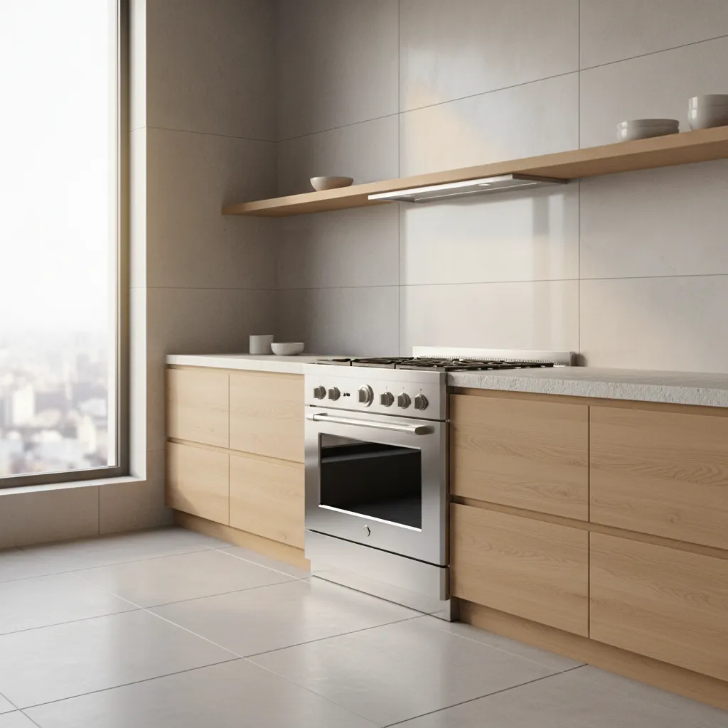 Side view of a stainless steel stove with wood cabinets long shelf and large window
