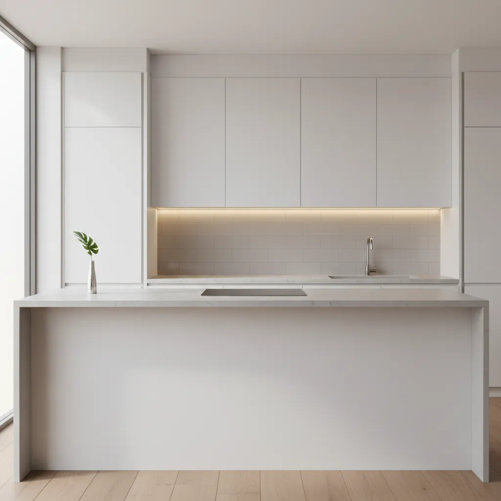 Minimalist white kitchen with large island matching cabinets light below upper cupboards and wood flooring