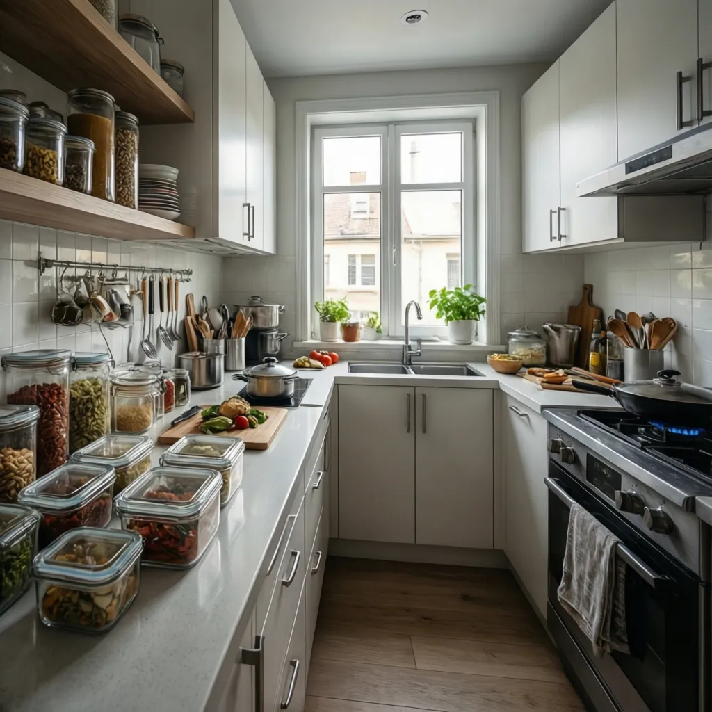 Clean organized kitchen countertop with sealed containers and no food residue