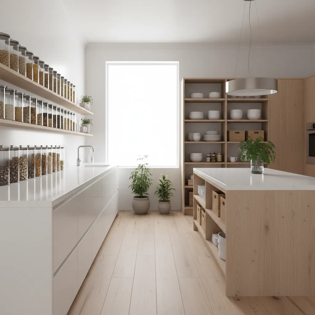 clean organized kitchen with sealed food containers and clear countertops