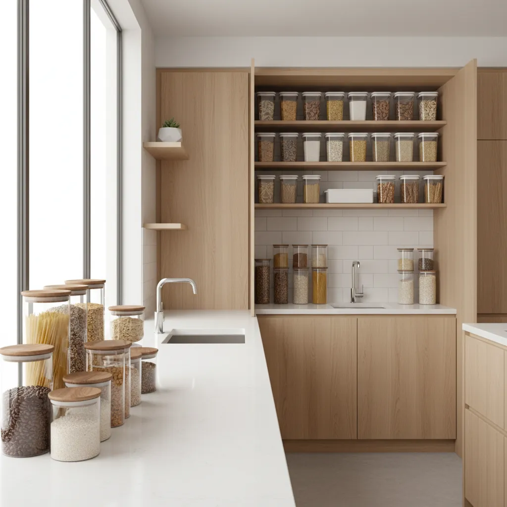 clean organized kitchen with sealed food containers preventing cockroaches