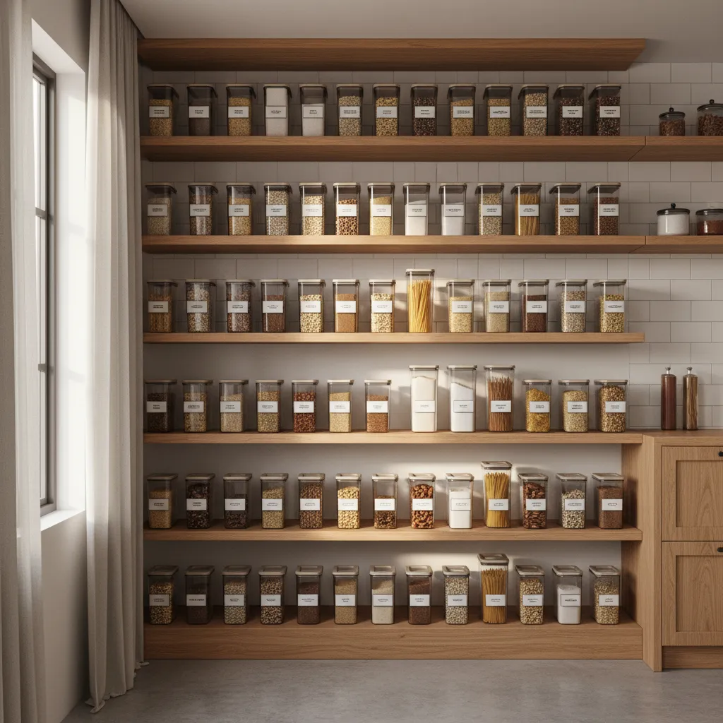 organized kitchen pantry with airtight containers preventing pests