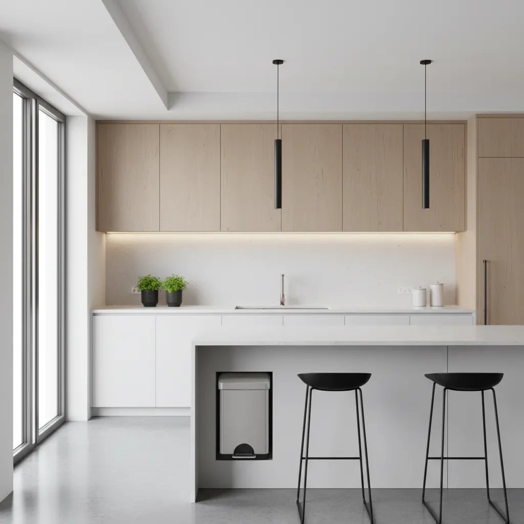 organized kitchen with sealed trash bin and clean sink area