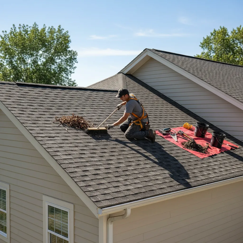 Roof surface being cleaned before roofing tar application