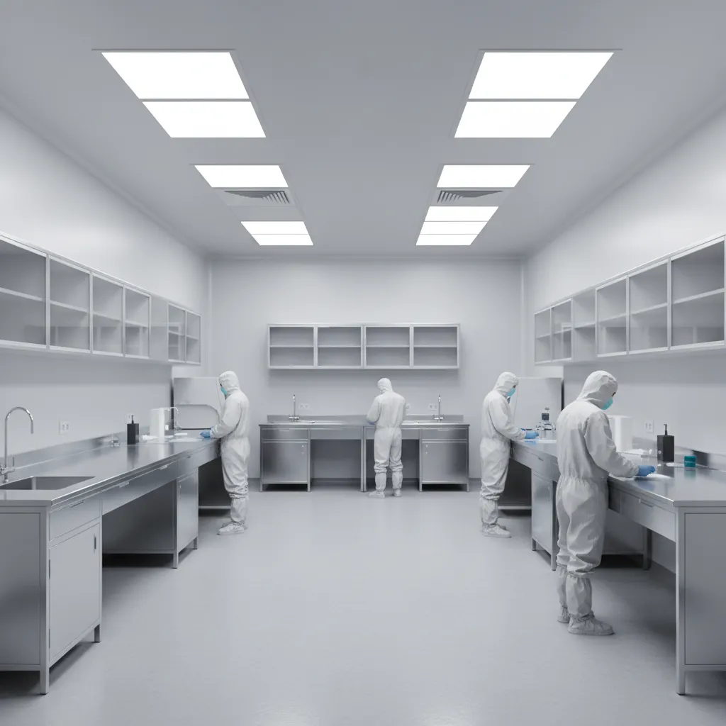 Clean room with diffused LED lighting reducing glare on stainless tables