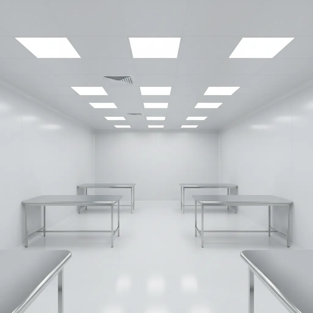 Clean room with recessed LED ceiling lighting panels
