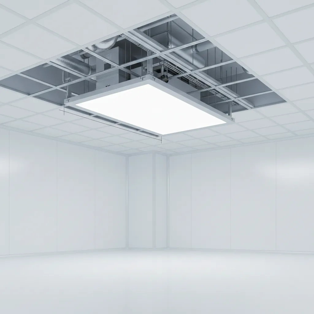 Diagram style view of recessed clean room LED fixture installation