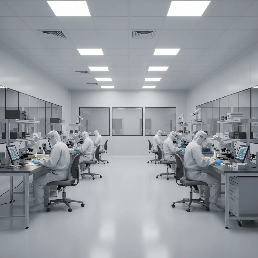 Clean room lighting aligned above inspection workstations