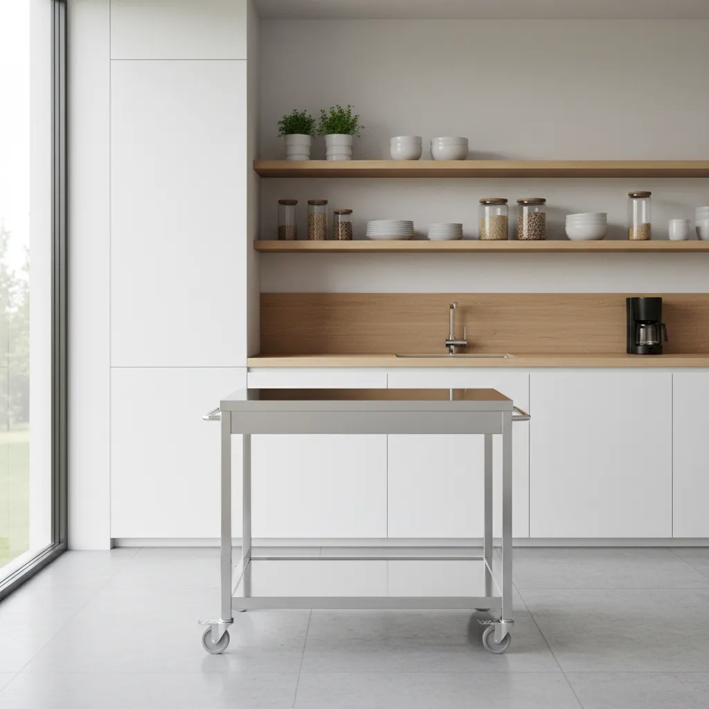 Clean stainless steel kitchen trolley after rust removal in modern kitchen