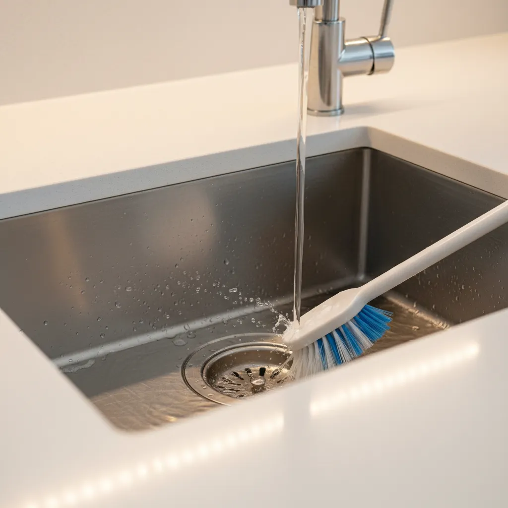 clean kitchen sink drain being sanitized to prevent larvae breeding