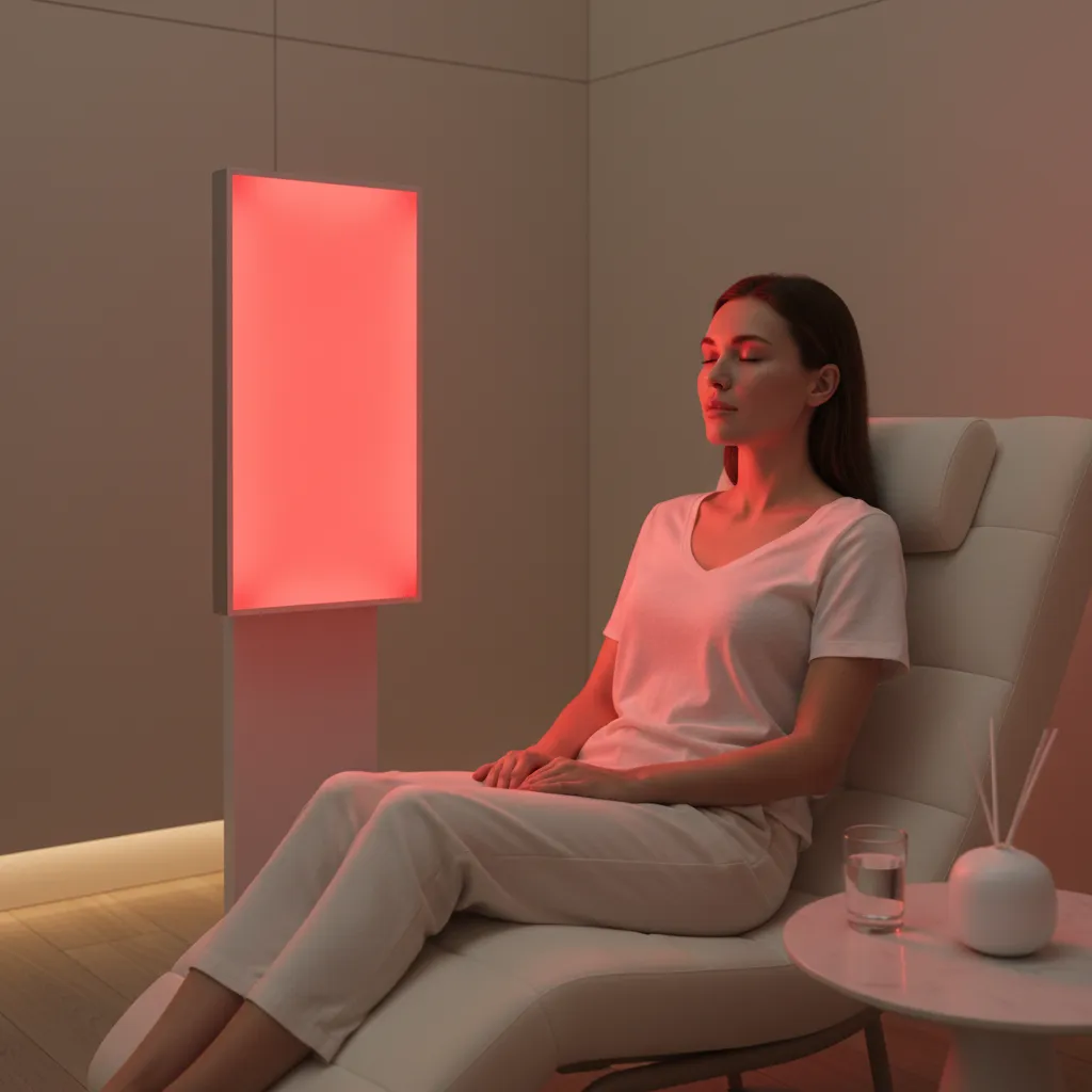 Woman performing red light therapy on clean skin in a minimal skincare space