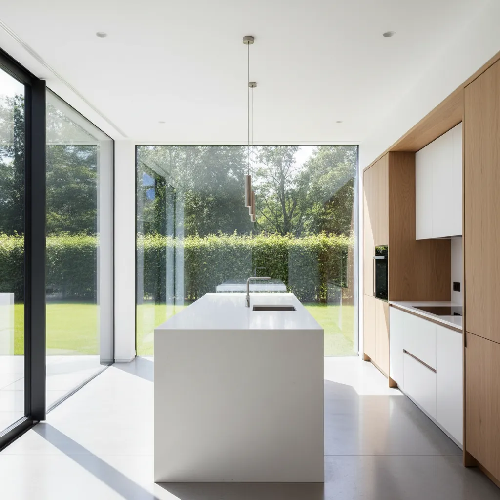 Modern bright kitchen interior with white island wood cabinets and large clear glass garden windows