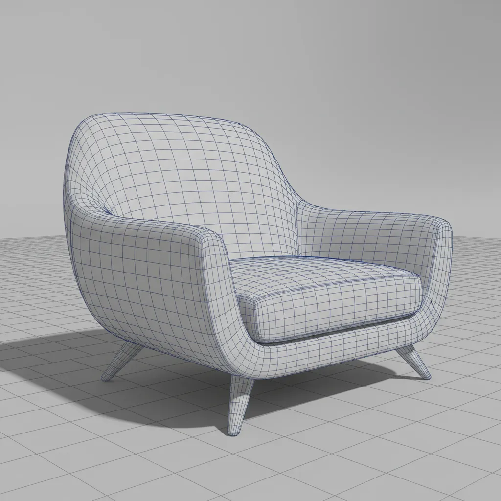 close view of clean topology wireframe structure of a 3D furniture model