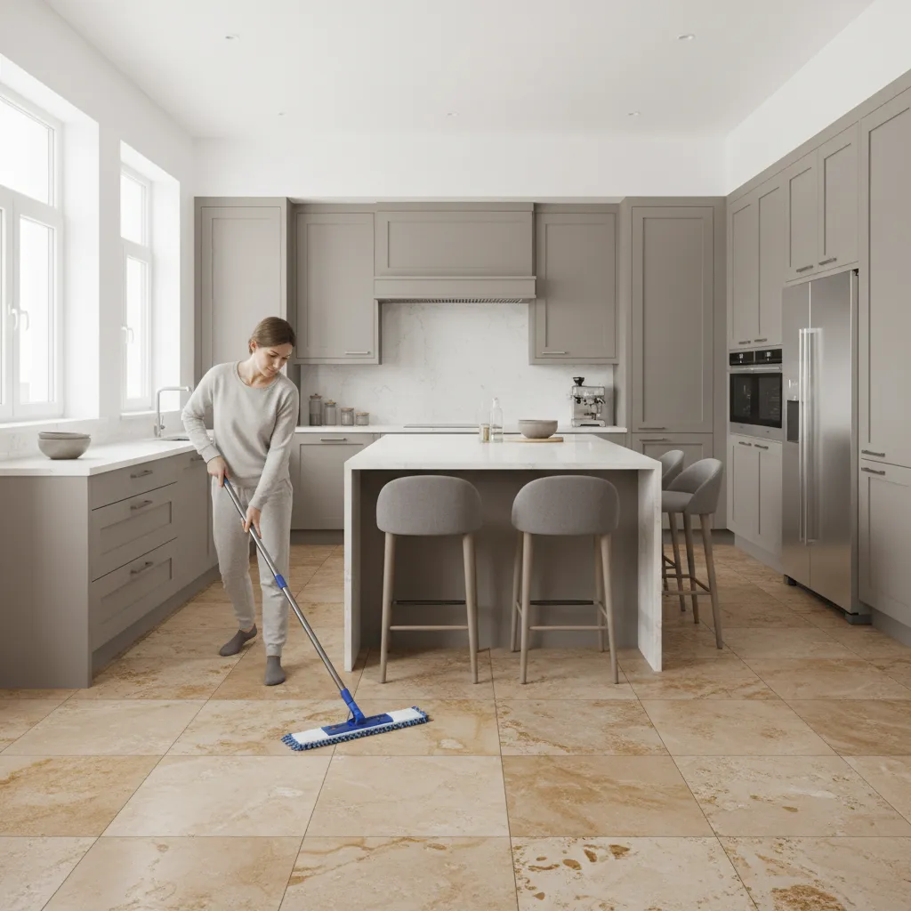 Person cleaning travertine kitchen floor with microfiber mop in bright kitchen