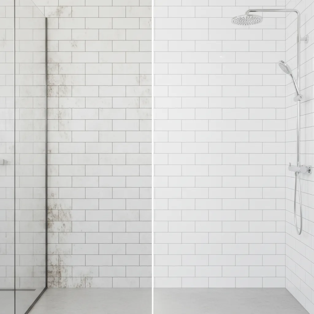 before and after comparison of bathroom grout cleaning