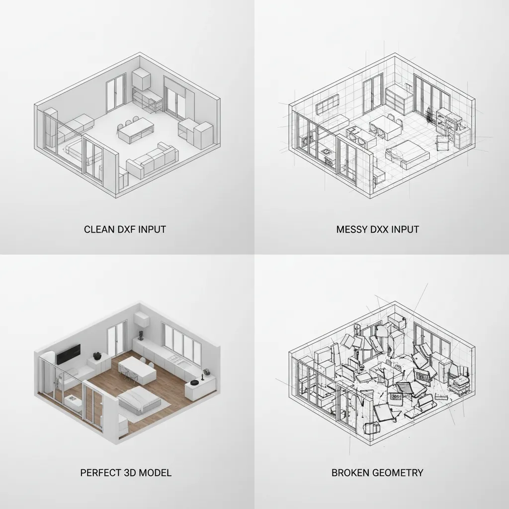 Comparison between clean DXF conversion and broken 3D geometry result