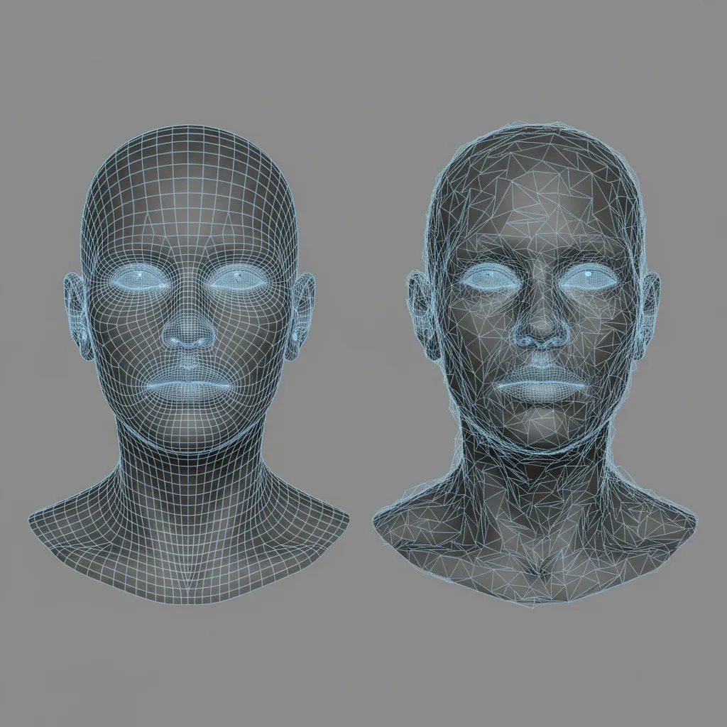 comparison between clean topology and messy topology wireframe models