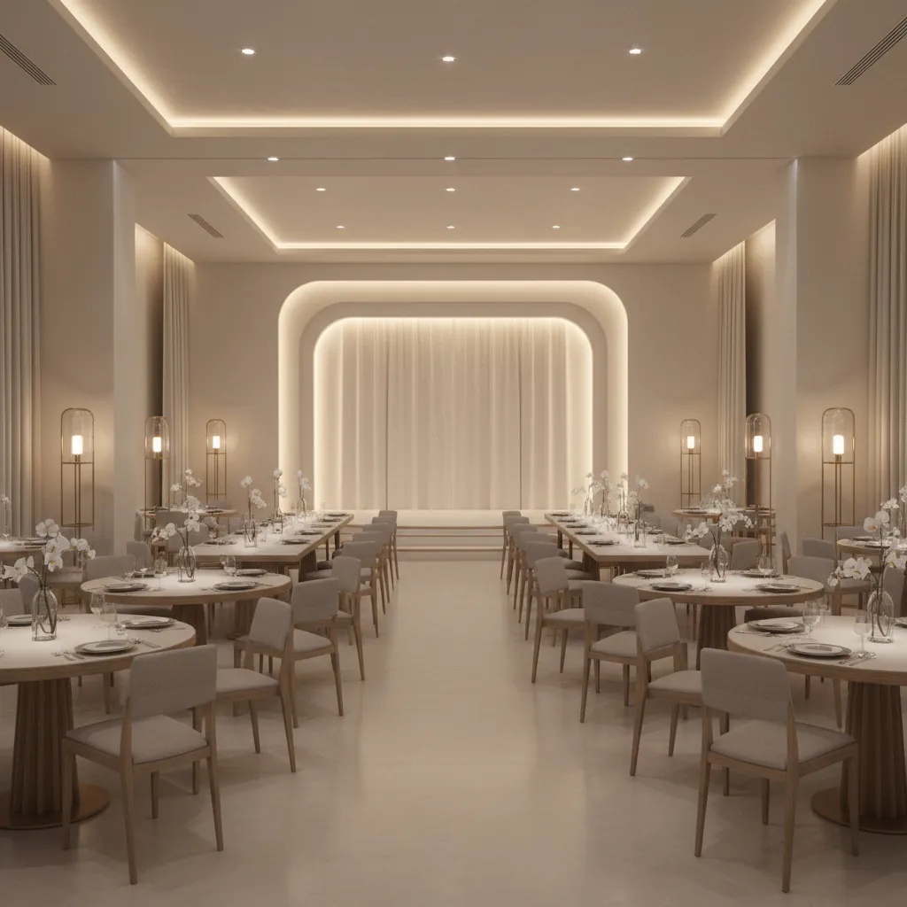 wedding hall layout with balanced decorations and open space