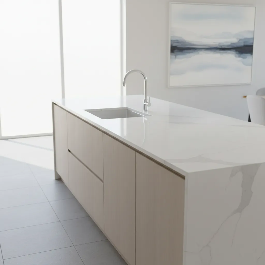 Modern kitchen island with white marble top sink faucet wood cabinets and a wall painting