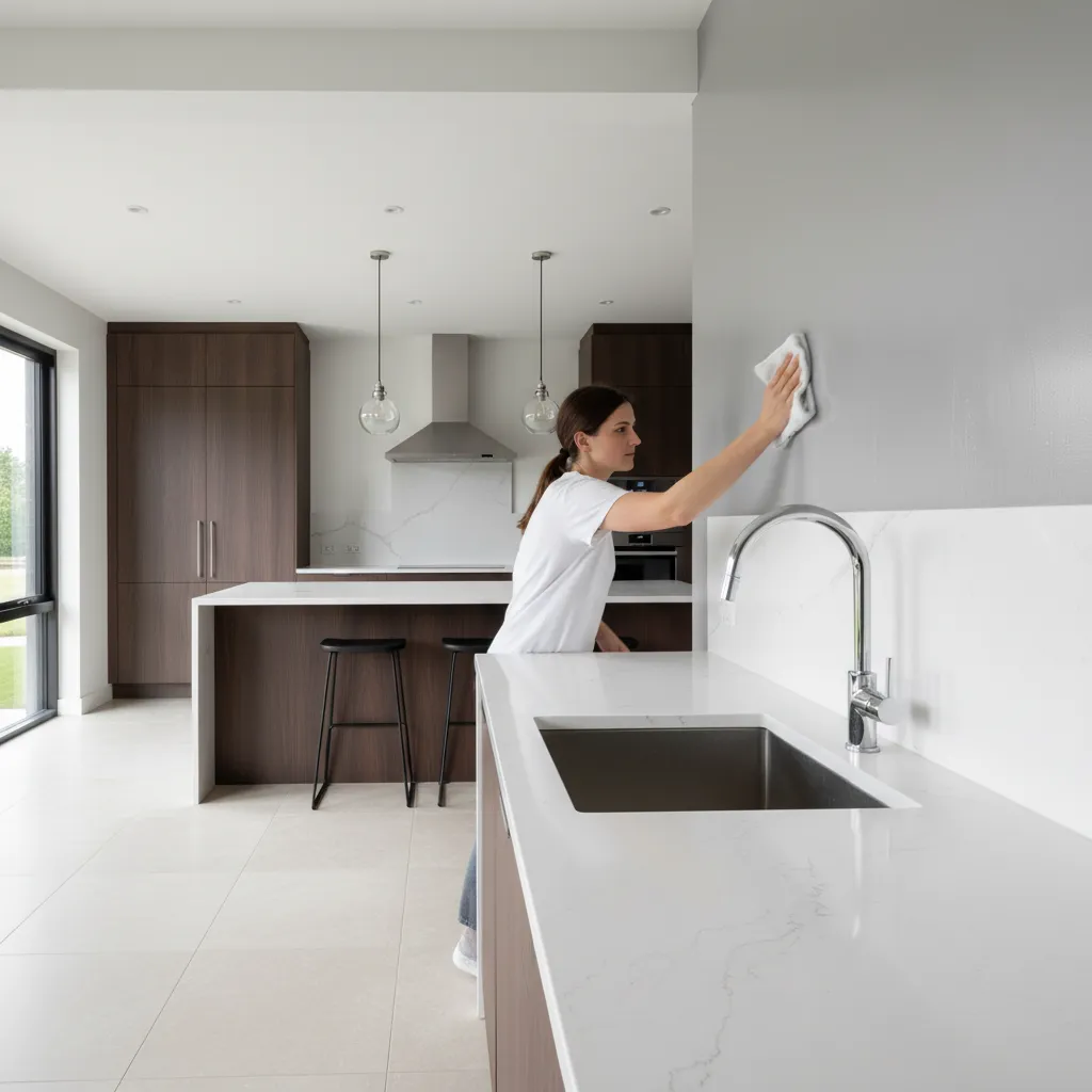 Person wiping washable painted kitchen wall near sink