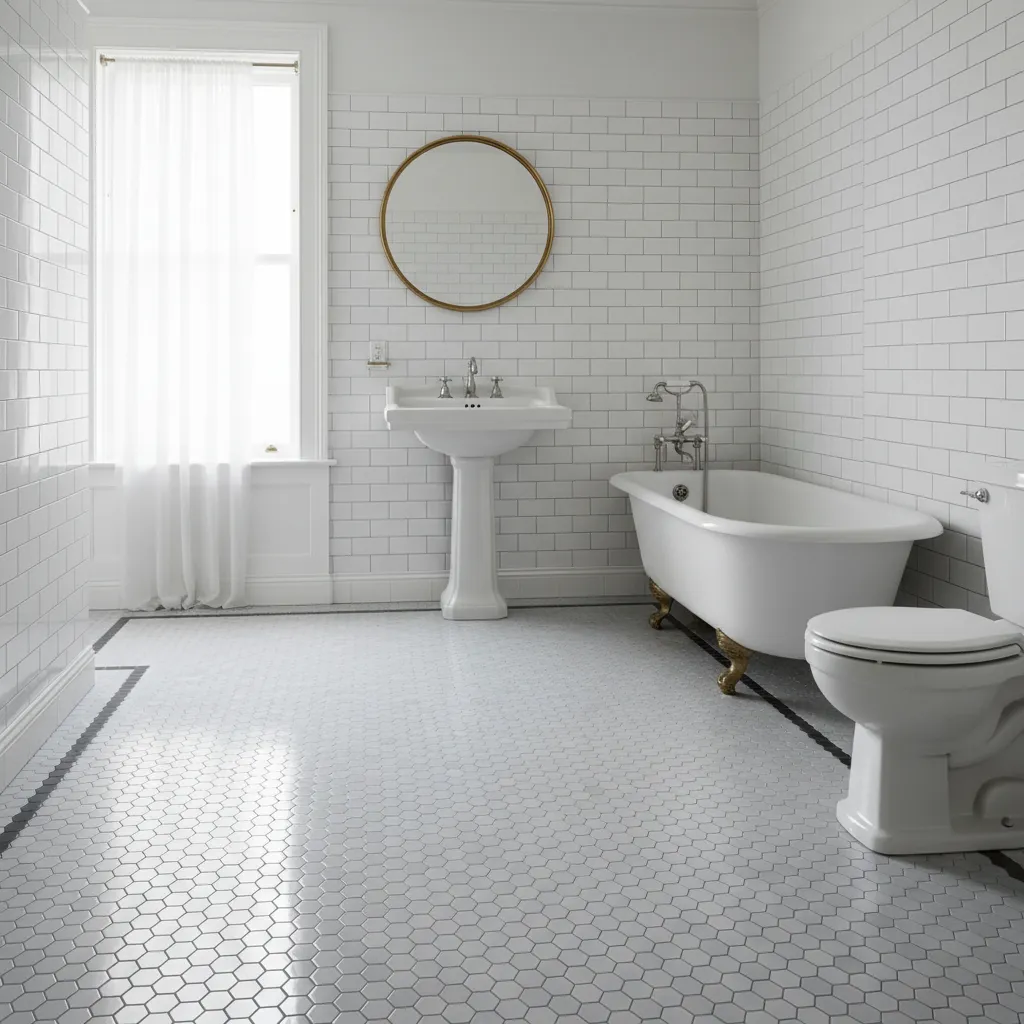 Restored hex tile floor in a historic bathroom after deep cleaning