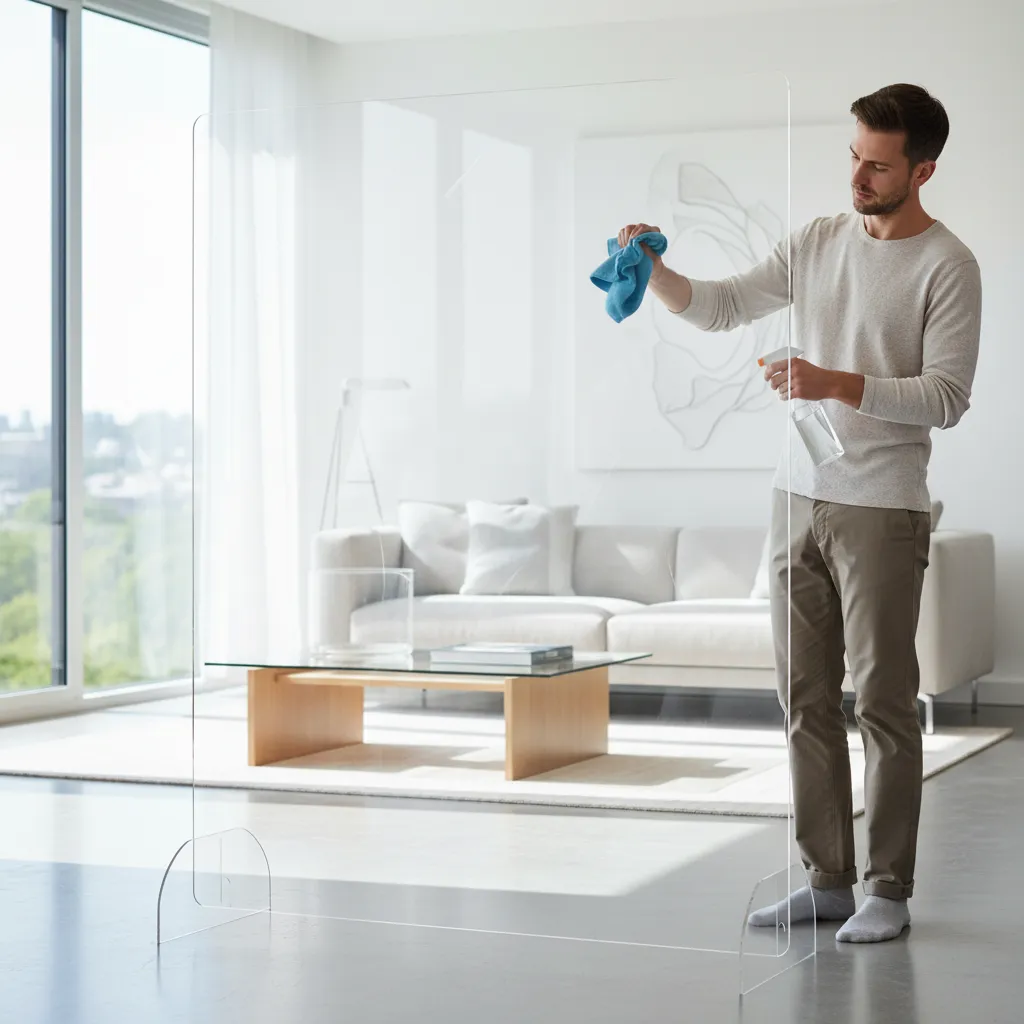 Cleaning acrylic room divider with microfiber cloth and gentle cleaner