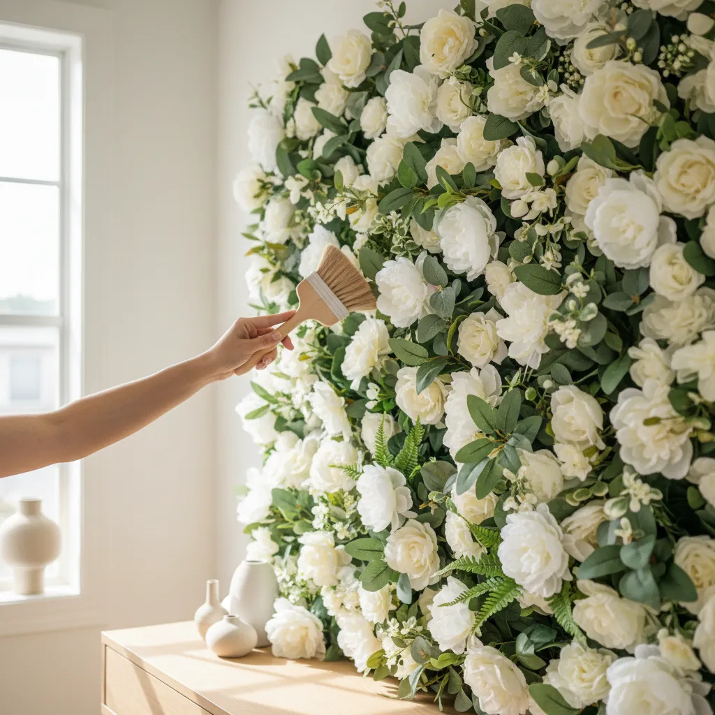 Cleaning artificial flower wall decor using soft brush
